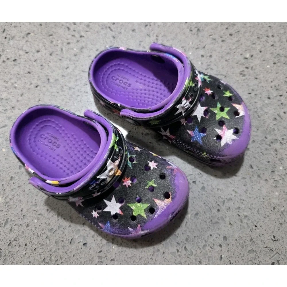 Crocs Toddler 6C Star Print Clogs Purple Waterproof Unicorn Rainbow‎ Jibbitz